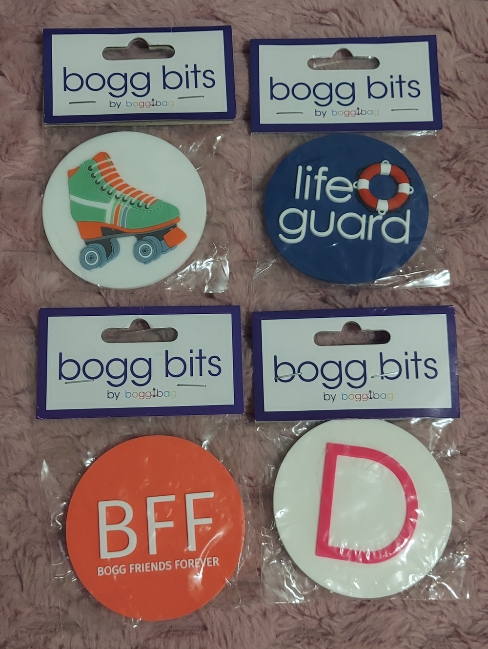 Lot Of 4 Bogg Bits Bag Charms Rollerskate, Life Guard, BFF & Letter D
